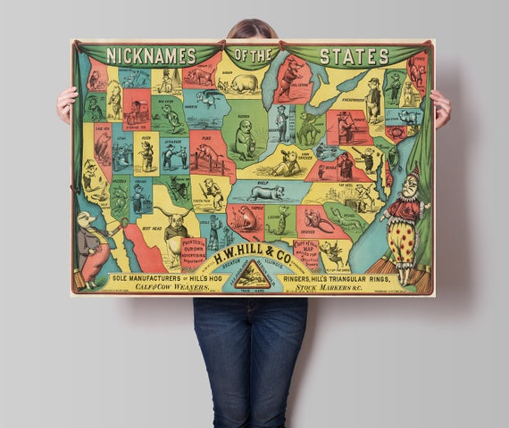 Old United States Map Nicknames of States Cartoon Map US