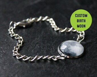 Custom Birth Moon Bracelet- Personalised date Glass Dome full moon Bracelet moon phase Birthday Birthstone