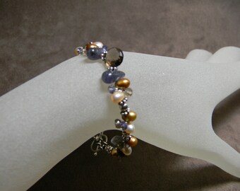 Smoky Quartz, Iolite, Freshwater Pearl and Sterling Silver Cluster Bracelet - 7"