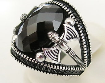 Handmade 925 Sterling SilverBlack Zircon & Marcasite Sufi sufism Axe Men's Woman's Ring