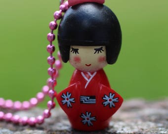 Red kimono kokeshi pendant necklace