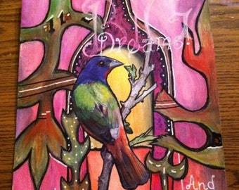 Dream mixed media painting with bird.