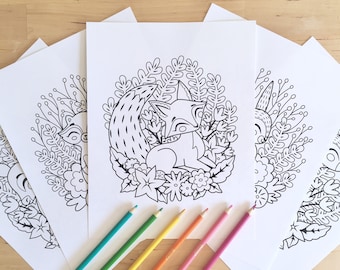 5 Printable Coloring Pages - Woodland Animal Colouring Pages, Instant Digital Download, PDF Colouring Pages, Fox Raccoon Bear Bunny Deer