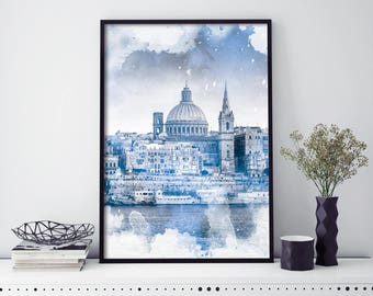 Valletta, Malta Watercolour Print Wall Art | 4x6 5x7 A4 A3 A2