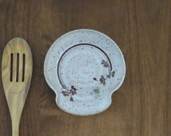 Spoon Rest - Handmade Stoneware Ceramic Pottery - White - Ginkgo