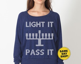Hanukkah Sweater Light It Pass It Funny Ugly Hanukkah Ladies Women's Sweater Chanukah Sweater Get Lit Weed Judaica