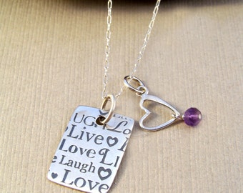 Sterling Silver Quote Necklace & Heart with Amethyst-Zen Jewelry-Gift