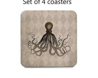Nautical Coasters Set of 4, nautical decor, kraken coaster, octopus coasters, geeky coasters, drink coasters, cork back coasters, gift set