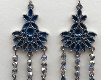 Wash Blue Patina Flower Chandelier Earrings