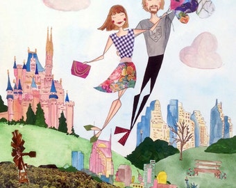 Large Couple Custom Portrait - Traveling Couple - Original Mixed-Media Illustration