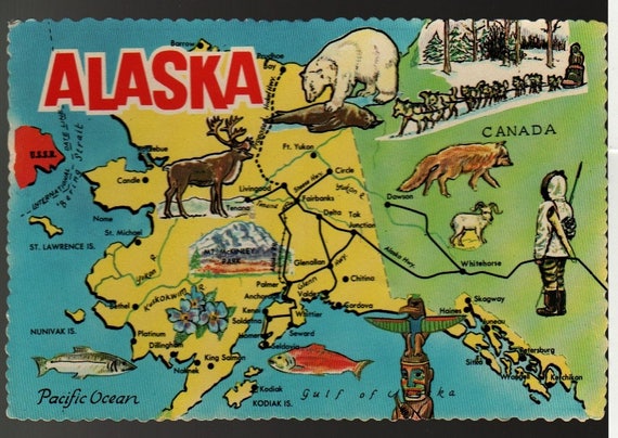 Alaska the 49th State + Alaska Joe + Vintage Cartoon Map Postcard