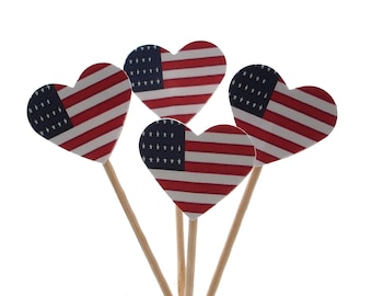 12 Fourth of July Cupcake Toppers, American Flag Heart, Food Picks - No702