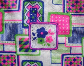 Vintage 60s Hot Pink Lime Green Daisy Flower Fabric Graphic Geometric Print Light Whipped Cream Polka Dot and Checks Mid Century Mod CBF