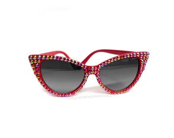 SUNSET Red Rainbow Bling Cat Eye Sunglasses Sparkly Sunglasses Glitzy Rhinestone Cats Eye Glasses Retro Pin Up Sunnies 50s Rockabilly Shades