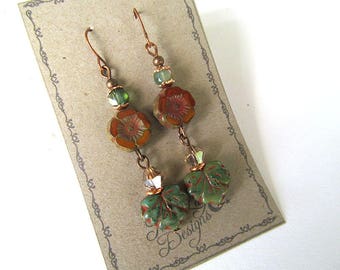 Antiqued Copper Earrings, Rustic Flower Earrings, Czech Glass Flower Bead Earrings, Bohemian Earrings, FTD Awareness