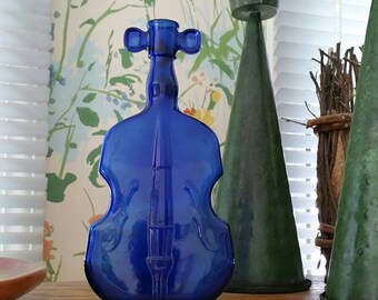 Vintage Cobalt Blue Glass Violin Cello Bottle Flower Vase Flask Collectible Glass Molded Glass