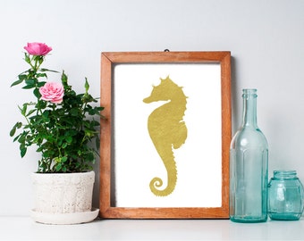 Seahorse Print - 8x10 Seahorse Art, Ocean Animals, Beach Art Print, Gold Print, Nautical Art Print, Ocean Art