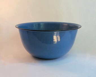 Vintage Large Enamelware Bowl 1930s Blue with Black Trim Farmhouse Bowl