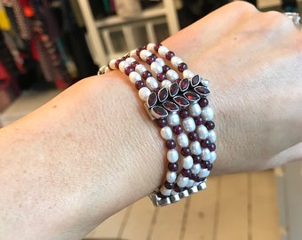 Garnet & Pearl Silver Bracelet