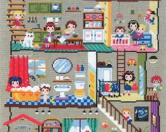 Cute modern cross stitch patterns and kits - little house featuring cute scenes, daily activities motifs, counted cross stitch