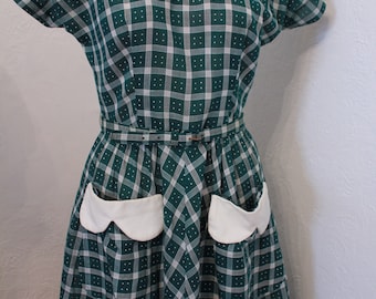 Vintage 1950s Green and White Gingham Swiss Dot Dress