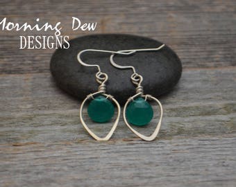 Sterling Silver & Green Chalcedony Gemstone Briolette Teardrop Earrings