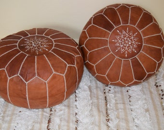 Set of 2 Leather poufs, ottoman luxury floor poufs, moroccan home decor,moroccan pouf color tan