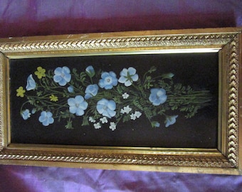 Antique Victorian hand painted original oil PAINTING wild floral flowers black tin vintage