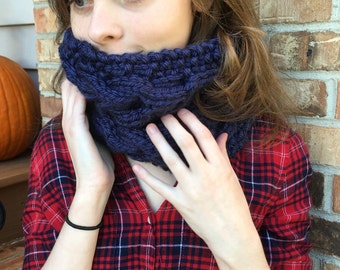 Cable Knit Cowl, Chunky Cowl, Shown in Navy
