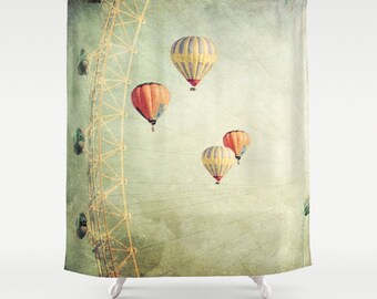 shower curtain, bathroom decor, modern shower curtain, photo curtain, hot air balloons, balloons curtain, whimsical decor