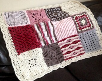 Crochet blanket, crochet afghan/throw, granny square, cot blanket, handmade, baby blanket, pink, brown & cream, crochet lapghan 34" x 42"