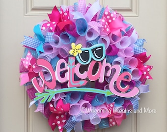 Welcome Wreath, Summer Deco Mesh Wreath, Summer Welcome Wreath, Spring Wreath, Colorful Deco Mesh Wreath