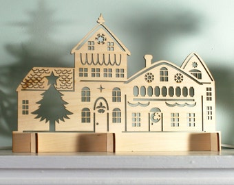 Laser Cut Rustic Wood Christmas Village Scene, Holiday Decoration
