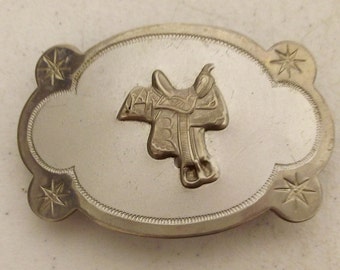 Vintage Horse Saddle Belt Buckle - western wear - Nickel Plated - cowboy fashion