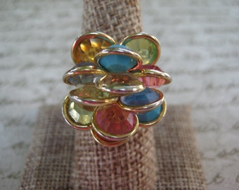 vintage multi color cluster ring, adjustable, gold tone, vintage ring, vintage jewelry, reclaimed vintage, gift for her, statement ring
