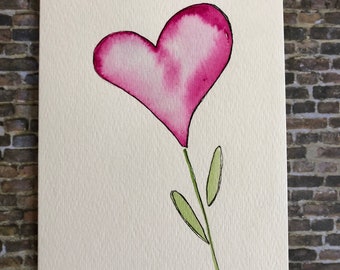 Homemade Heart Card, Hand Painted Card, Watercolor Pink Heart Card