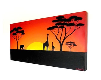 Sun Setting Over the African Plains original acrylic painting - African landscape on a long canvas with giraffe and elephant (UK only)