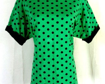 vtg 80s In Resource Green Black Polka Dot Oversized T-Shirt Sleeve Roll sz M