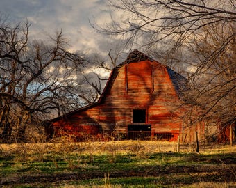 Rustic Red Barn Photography Print - Fine Art Picture of Old Red Barn Sitting In Shadows Country Home Decor Fathers Day Gift Artwork