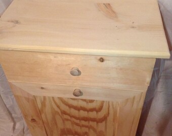 Primitive Pine Wood Trash Can With Drawer