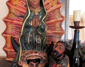 Virgin Guadalupe Juan Diego Figurines Mexican Folk Art Carvings Guerrero XLG 24"
