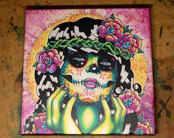8x8 in Square Stretched Canvas Print - Somewhere in the Between - Tattoo Flash Day of the Dead Sugar Skull Girl Lowbrow Home Decor