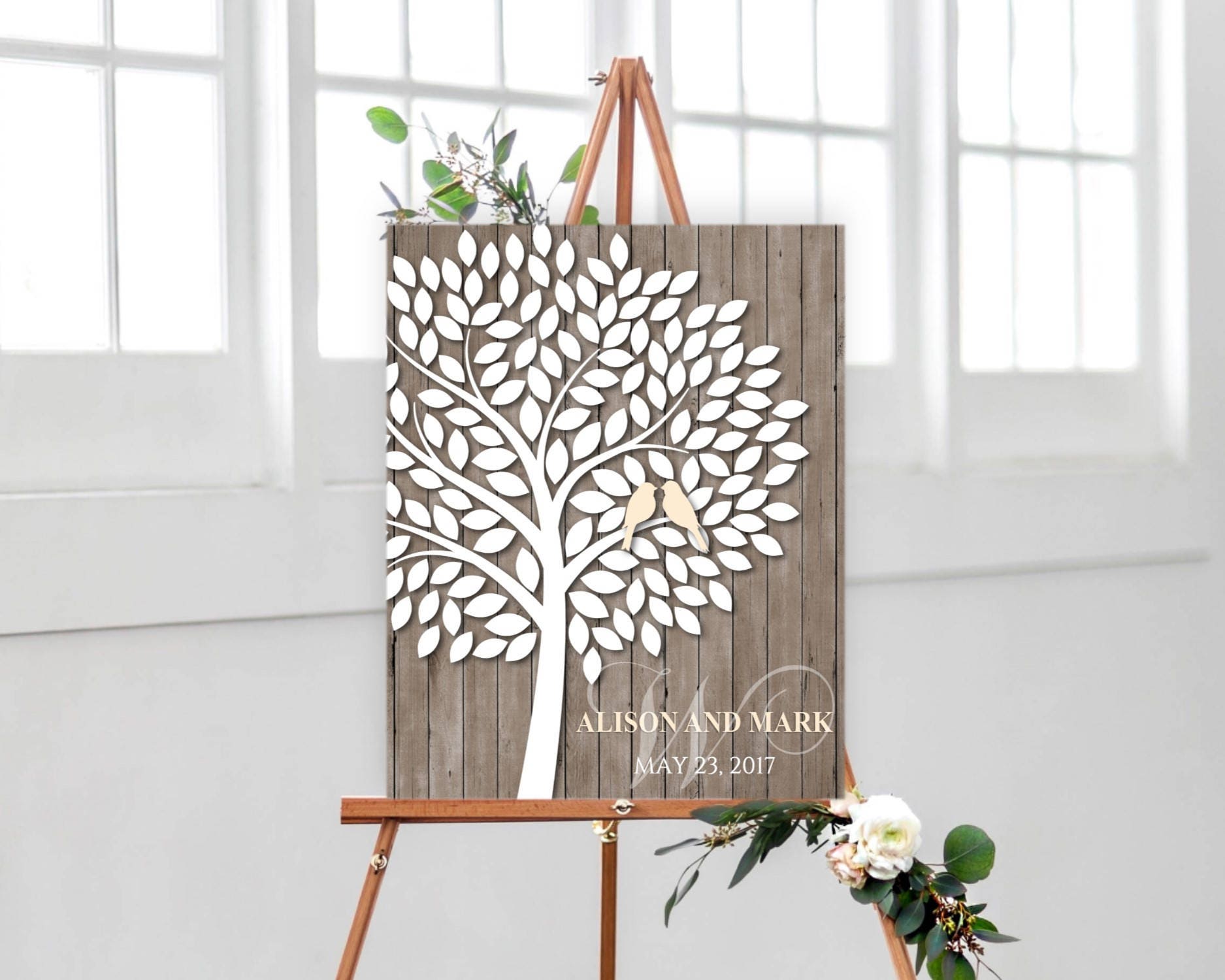 Wedding Guest book Alternative Tree with birds Canvas or