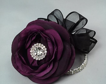 Ready to Ship Plum Corsage-Purple Corsage- Wrist Corsage-Rhinestone Corsage-Silk Flower Corsage
