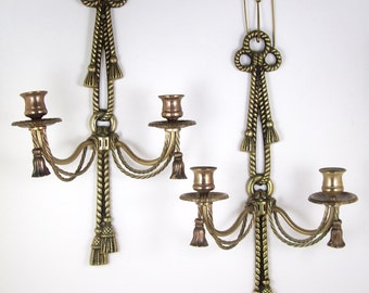2 Vintage Brass Wall Sconce Double Candle Holders Twisted Rope Bows w/ Tassels