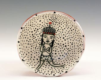 Dancing Wearing A Cool Red Tassel Hat - Original Painting by Jenny Mendes in a Hand Pinched Ceramic Finger Bowl