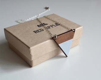 Triangle Geometric Contemporary Necklace in Walnut Wood with Silver Leaf - wooden triangle pendant - laser cut wood - triangle necklace