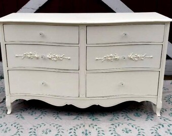 French Provincial Double Dresser Painted Chic and shabby Creamy White with Rose Floral Appliques and Light Distressing