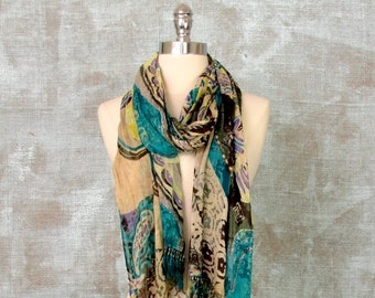 Beaded Scarf, Long Scarf, Fringe Scarf, Boho Scarf, Pattern Scarf, Womans Scarf