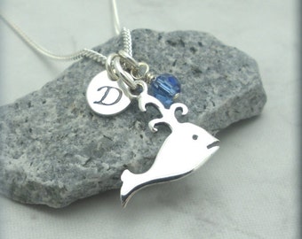 Silver Whale Necklace, Sterling Silver Whale, Personalized, Initial Charm, Ocean Animal, Birthstone Necklace, Sea Life Jewelry